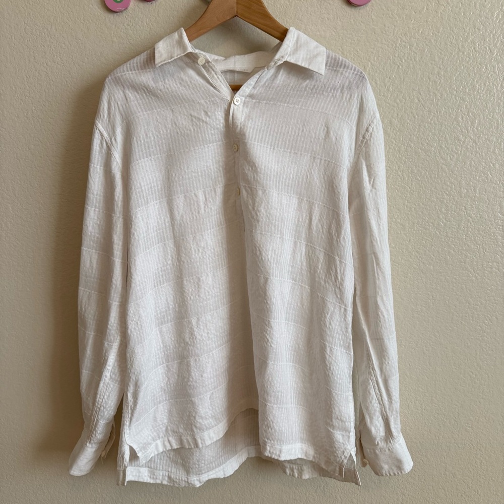 British India White Linen Long Sleeve Shirt Size L